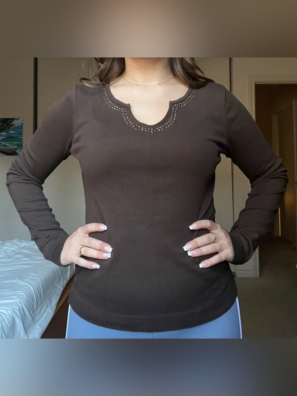Women's Brown Long-Sleeve Notch Neck Top with Decorative Studs